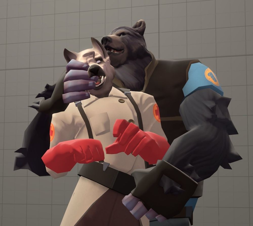 A Source Filmmaker render of a bear Heavy sticking his fingers in a canine Medic's mouth and trying to tug down his trousers