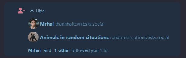 notification from bluesky showing that "Mrhai" and "Animals in random situations" have followed the user that posted this image