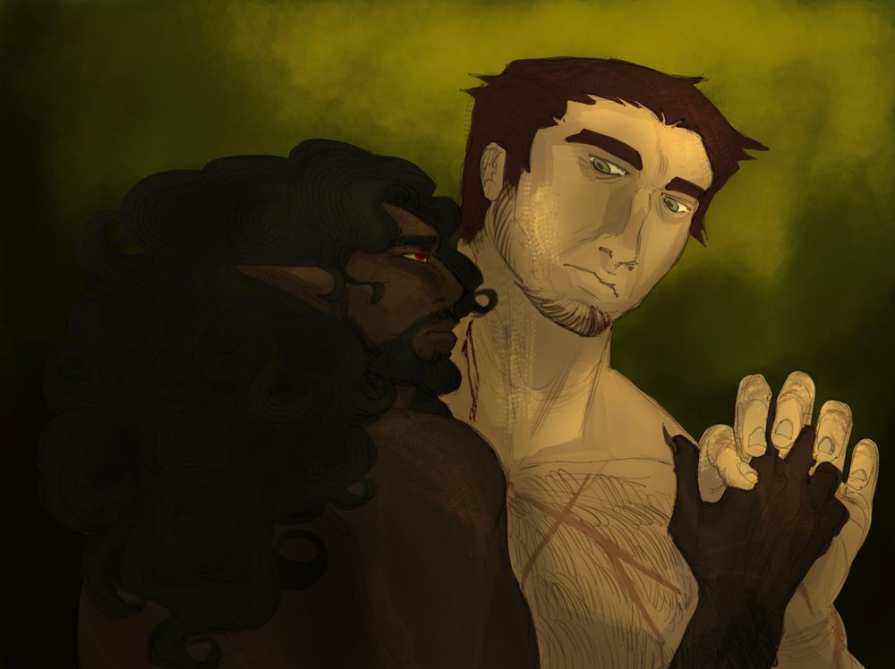 Art, depicting a vampire and a human. One, vampire, still a slave, second — once were one.
Vampire bitten the human. 

(ALSO ME WHEN (YET, I WISH) NON-CANON PC/NPC GAY COUPLE???)
