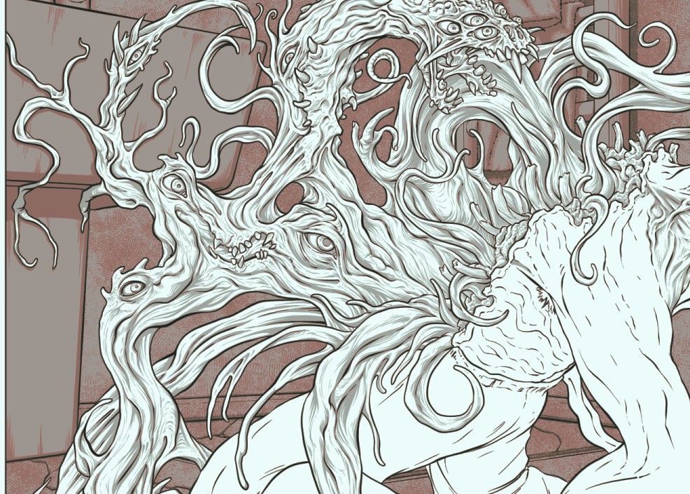 Comic panel in progress depicting a biological horror erupting from a man's chest.
