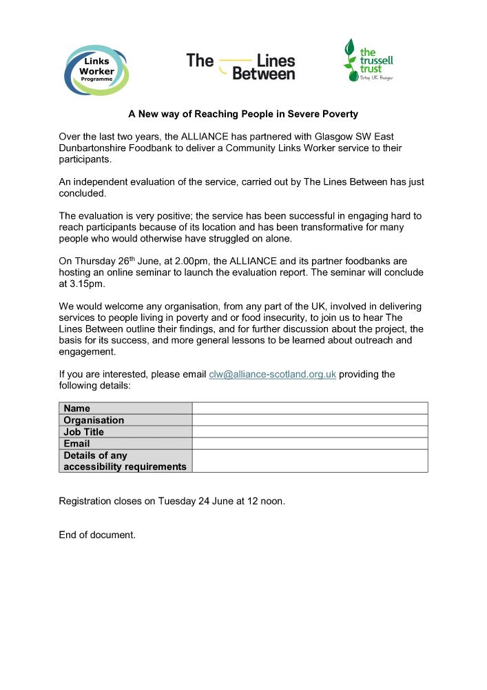 Text document with the Links Workers Programme, The Lines Between, and Trussell logos. For a document version of the text go to the link in our bio and select 'The Trussell-Alliance community links worker evaluation report launch webinar'