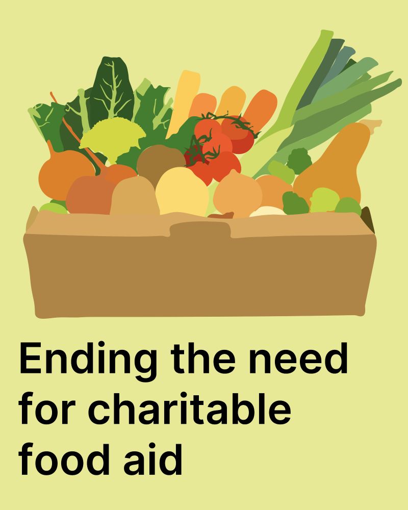 Black text on a yellow background which reads 'Ending the need for charitable food aid' with a digital drawing of a veg box full of vegetables in the top half of the image.