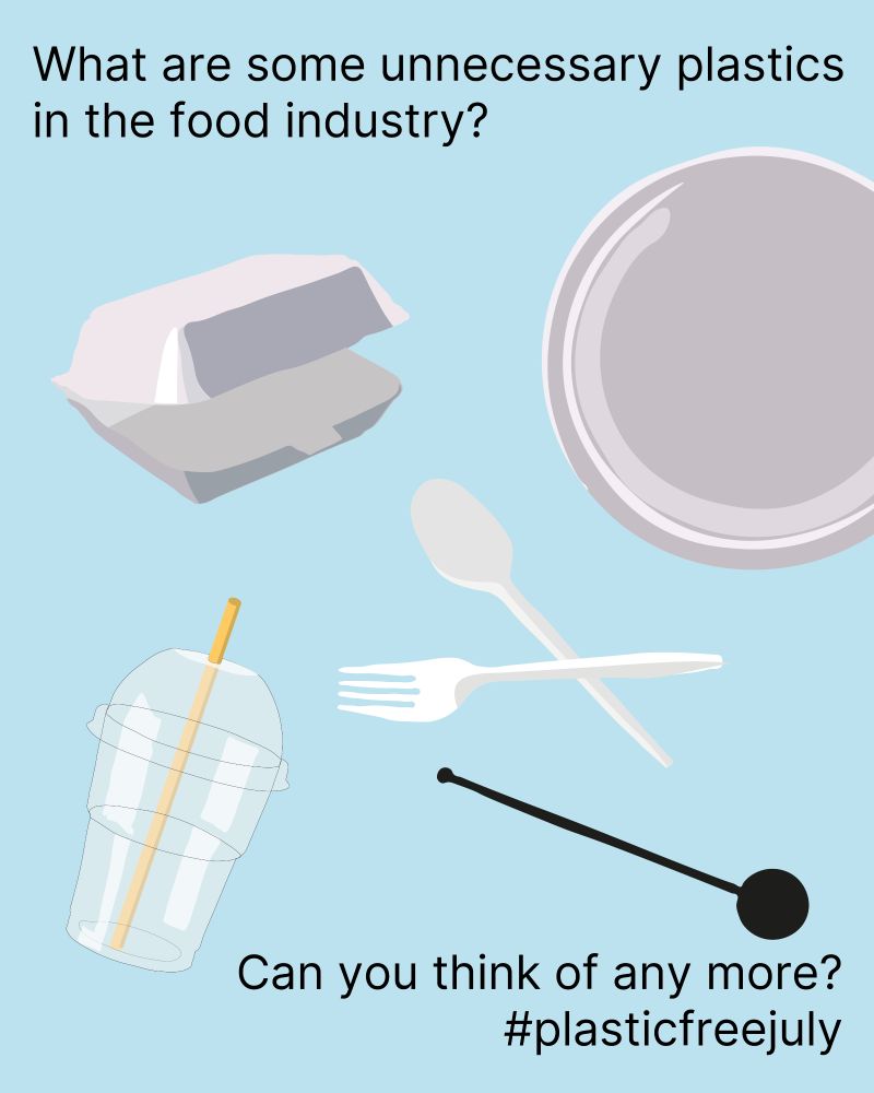 Image with digital drawings of different plastic objects -  disposable plastic cutlery, plastic stirrers, plastic straws, PVC packaging, and a disposable plastic plate. 

There is a light blue background and the text 'What are some unnecessary plastics in the food industry?' 'Can you think of any more? #plasticfreejuly'
