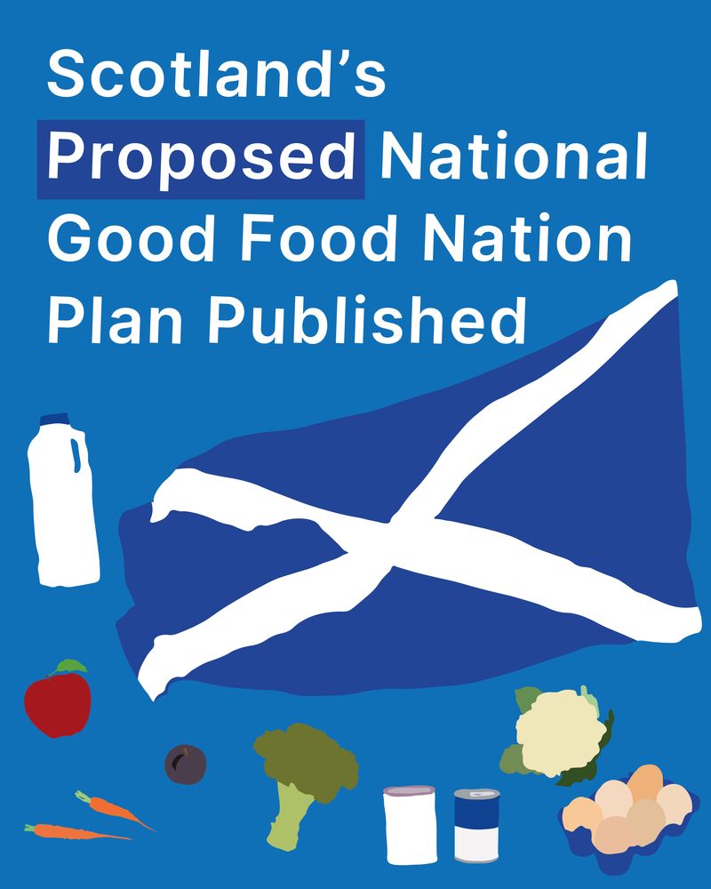 Image with  a dark blue background and a Scottish flag, with various drawings of food - milk, apple, carrots, plums, broccoli, cans, cauliflower, and eggs - with the title text 'Scotland's Proposed National Good Food Nation Plan Published'
