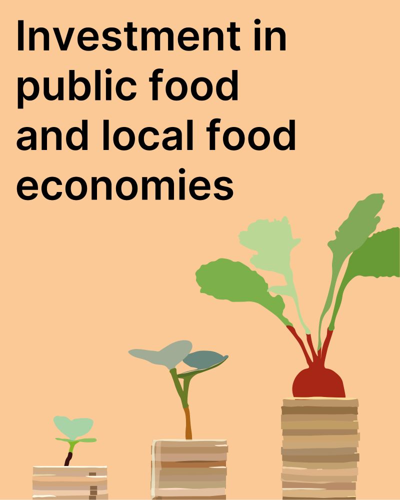 Black text on a peach background which reads 'Investment in public food and local food economies' with three stacks of coins with radish shoots on top, which get taller and more sprouted left to right.