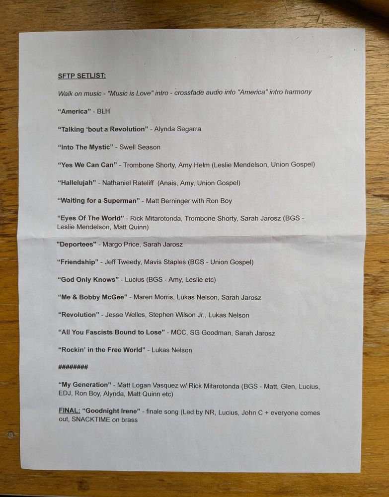 Setlist from Songs For The People rehearsal at Newport Folk 2025