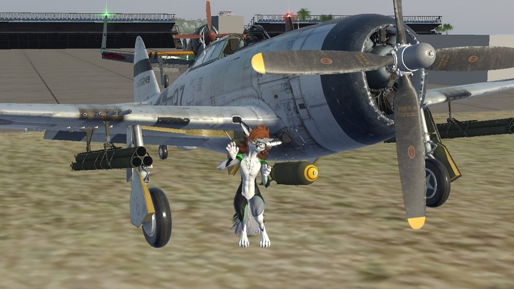 P41 thunderbolt aircraft on VrChat with an furry avatar standing next to it