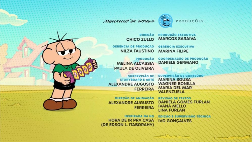 Captura dos créditos finais do episódio "Jogo de Blefe" de Turma da Mônica. No canto inferior esquerdo, aparece o texto "Inspirada na HQ Hora de ir pra casa (de Edson L. Itaborahy)"