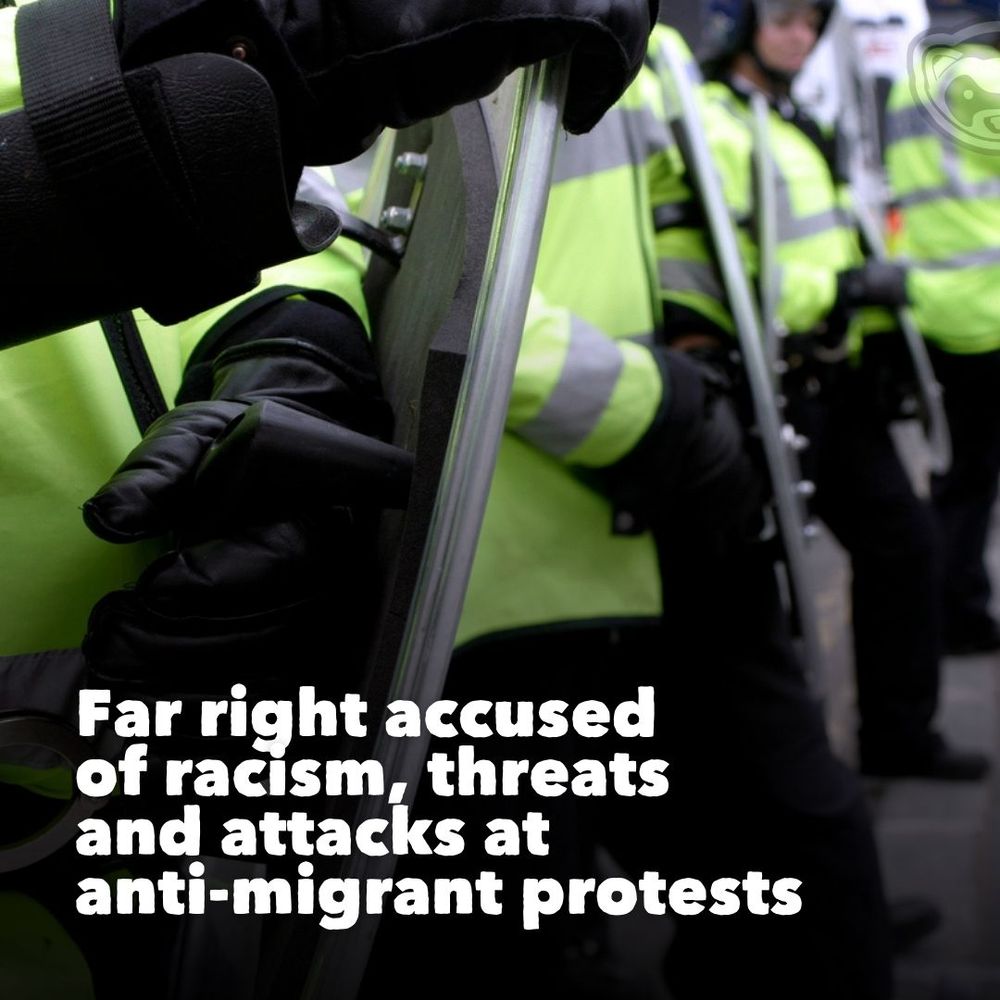 Close-up of police officers in high-visibility jackets holding riot shields, standing in a line. Bold white text over the image reads: “Far right accused of racism, threats and attacks at anti-migrant protests.”