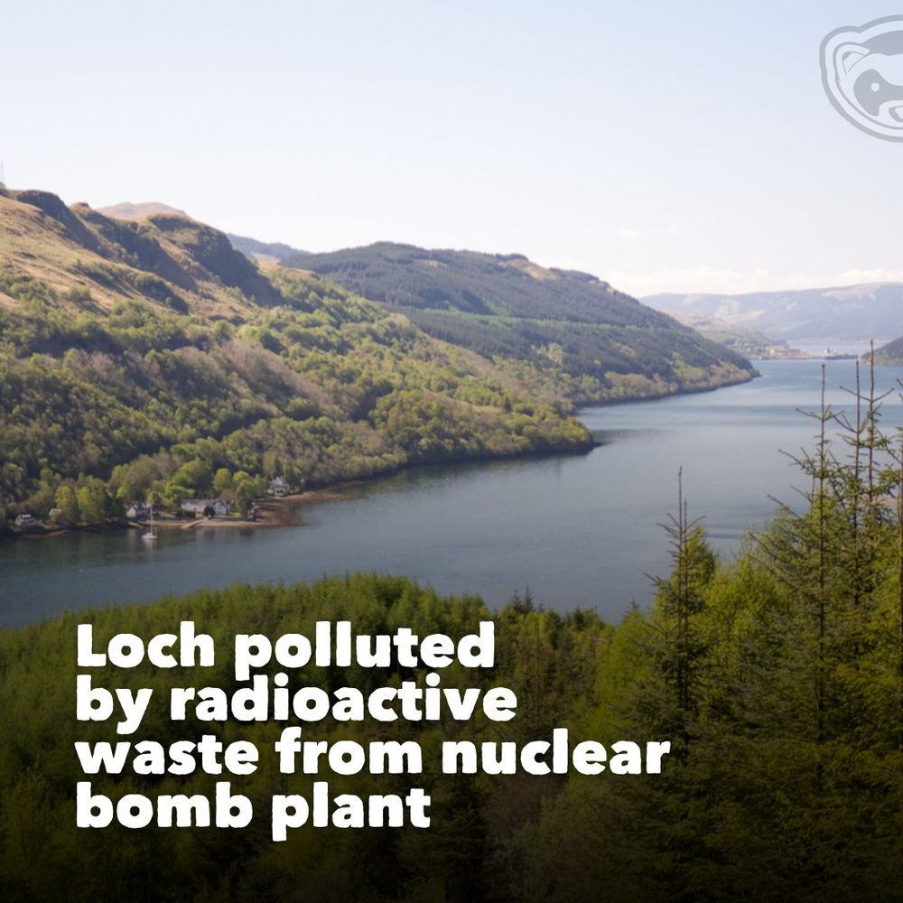 View of Loch Long surrounded by wooded hills under a clear sky. Overlaid text reads: “Loch polluted by radioactive waste from nuclear bomb plant.”