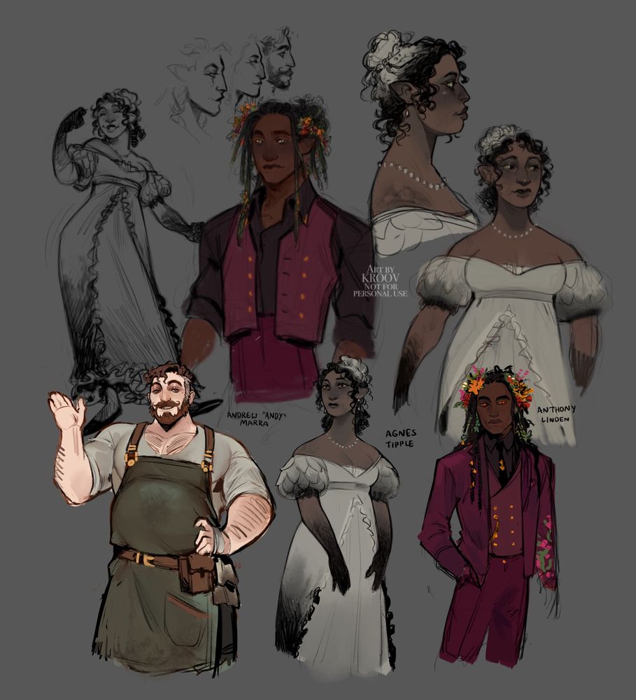 A series of sketches featuring mutiple characters, Agnes is a ghost from the 1810s she has a classic dress from the 1800s and her curly hair up in a bun, her hair is half black and half white towards the ends, her design is based on an inky cap mushroom. We also have Antony who has a flowery theme, his clothing is a lot more modern, wearing a nice burgundy suit, waistcoat and a black shirt. He has flowers growing throughout his dreadlocks, that are also tied into a half up half down bun. Then the 3rd character is Andy, unlike the other two he is not a ghost, hes still kicking. Andy is a big buff boy wearing gardening clothing, he has brown hair and bear with greying in the sides.