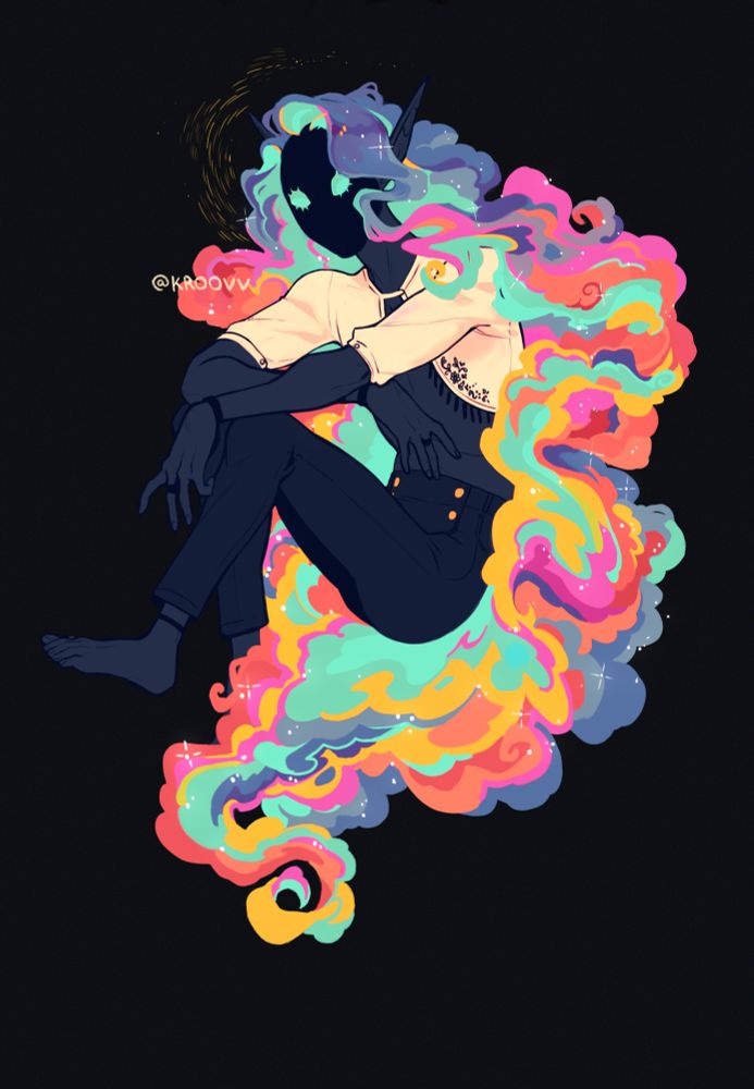 A character sits floating in the middle of a black void, they have no discript features or face except their blue eyes and colourful cloud like hair