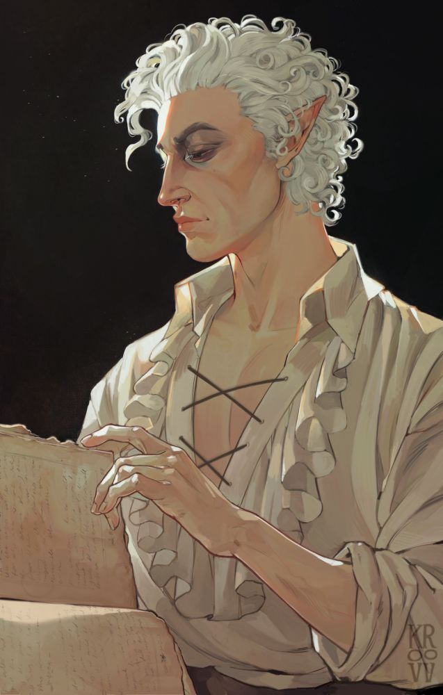 Astarion from Baldurs Gate 3 stands reading a book looking handsome 