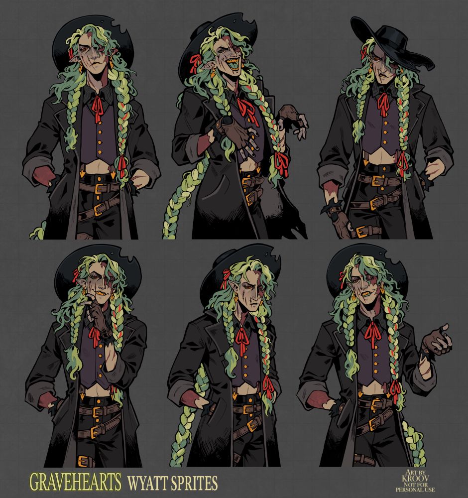 Character sprites of a crusty cowboy man. Hes handsome with green hair.