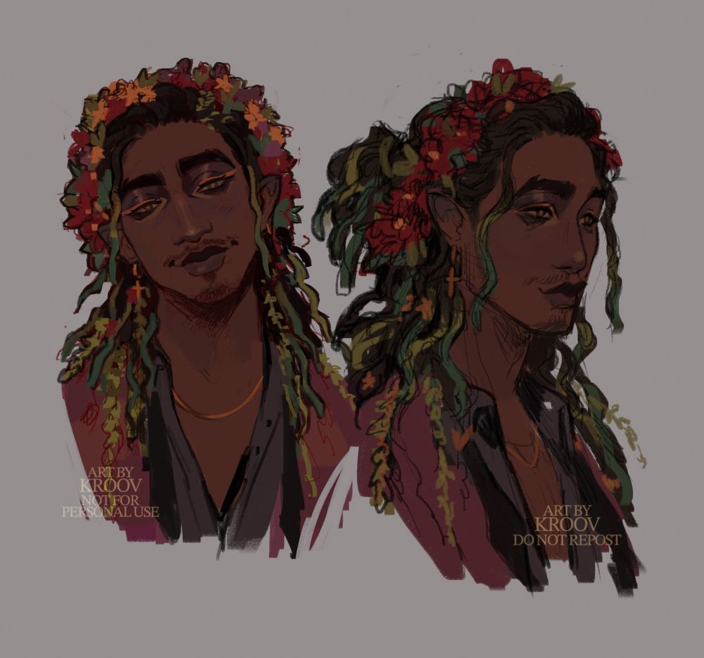 Antony from Gravehearts, one of our dateable ghosts! He has long wavy locs, some have green ends and leaves intertwine threw them. He has brown eyes with green and yellow pupils with gold eyeliner, he’s also wearing gold earring one is a hoop and the other a cross. He’s wearing a grey shirt and purply waistcoat. There are two headshot drawings one straight on and one at 3/4 view!