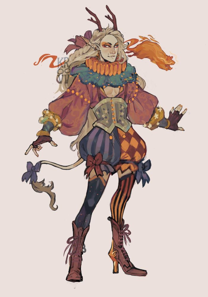 Example of a kroovv commission full body, The drawing is of a clown tiefling with a little fire rat coming from behind them; they have pale eyes, skin and blonde hair.