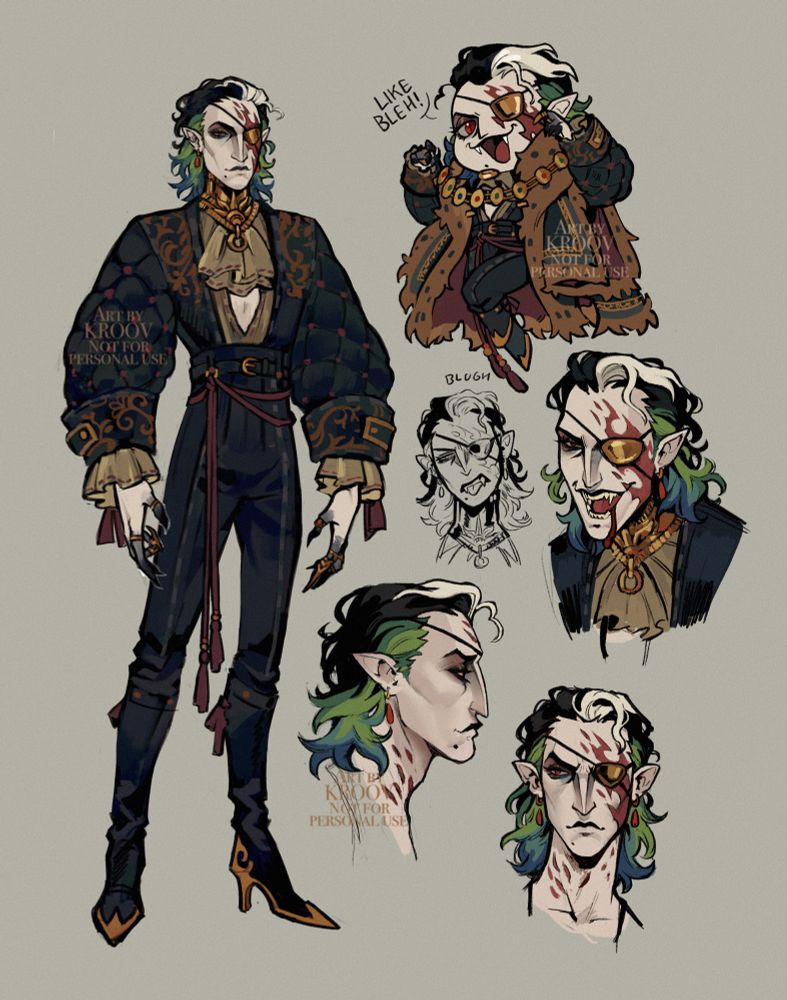 A thin pale vampire characters design, he has a long thin face,a large scar and an eye patch. His hair is mid length and scarped back, his hair is black but turns blue and green at the bottom with a white streak going from the top. His outfit is black and fancy with big puffy quilted sleeves, he has heigh waisted trousers and fancy gold trimmed boots.