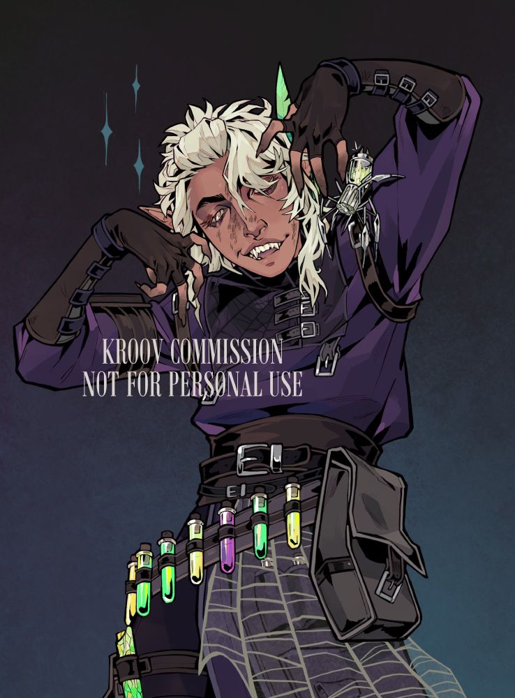 An example of a half body commission, the character is an elf with a scientist vibe and spider motif, they have blonde/white hair and sharp teeth, they're smiling at the viewer with their hands up by their head.