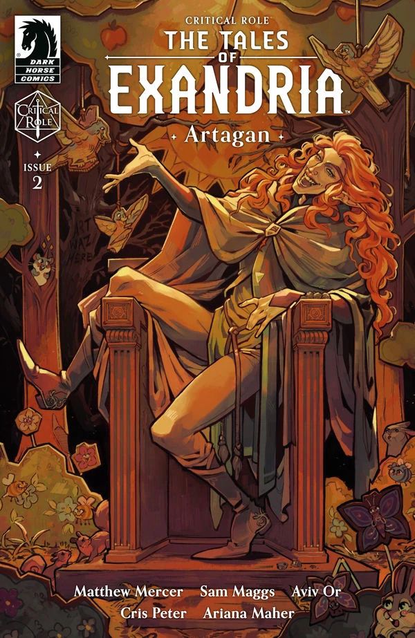 Comic cover for Critical Roles “tales of Exandria Artagan” featuring Artagan an elf with long ginger hair sprawled over a pulpit in-front of a bunch of fake trees, plants and smiling animals thats covering up the scared real animals and destroyed dead trees. He’s a rascal