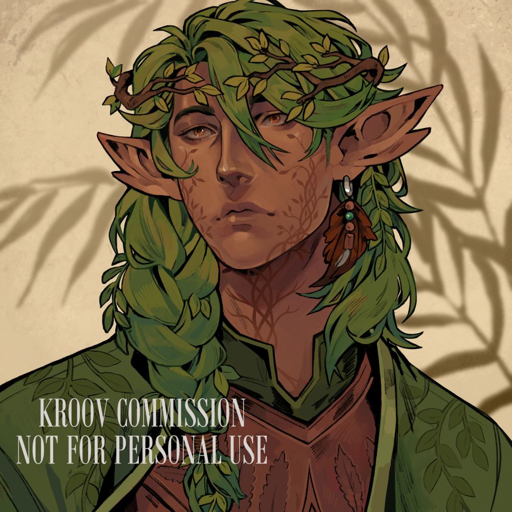 example of a kroovv commission of a bust illustrating, featuring a pretty character with large pointed ears, green hair and tan skin, they're wearing green robes and have little floral design on their cheeks.