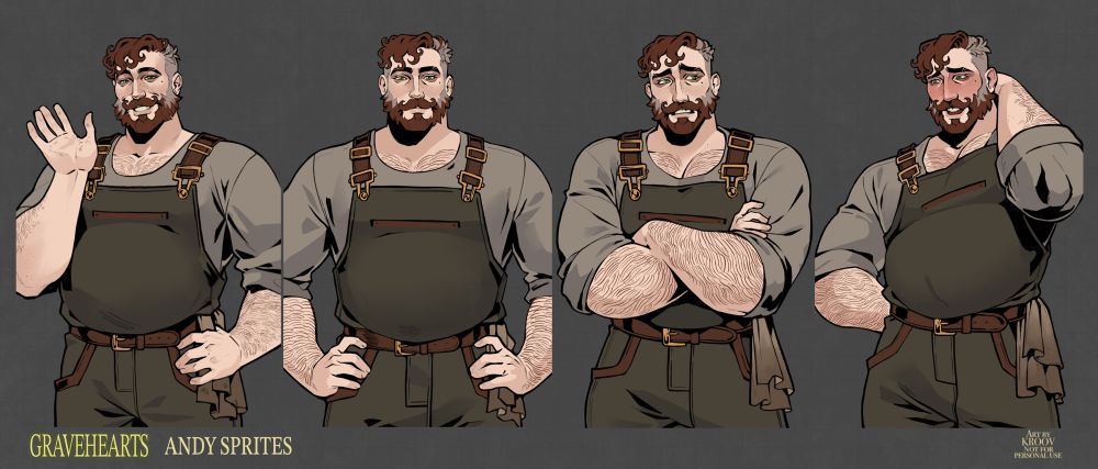 4 game sprites of a character name Andy, He’s a larger man wearing gardeners overalls, he’s got a strong build with big ol arms. He has warm brown hair and beard with grey streaks, he has hairy arms and chest and a few little freckles across his face and green eyes. We have 4 expressions in a row the first hes smiling and waving, the second hes standing with a gentle smile and hands on his hips, third hes looking a little nervous with his arms closed and the fourth is hes blushing rubbing his neck. Hes a soft gentle boy