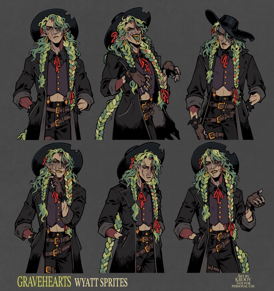 6 game sprites of the same character showing various emotions. The character has a cowboy style with a big black coat and hat, purple waist coat and little red bow tie. He has long green hair done in three braids and half his face is scarred. He has red pupils with yellow scalars and yellow teeth. The expressions from top left to bottom right are him looking disgusted, laughing, angry, smiley, neutral and then explaining with a smile