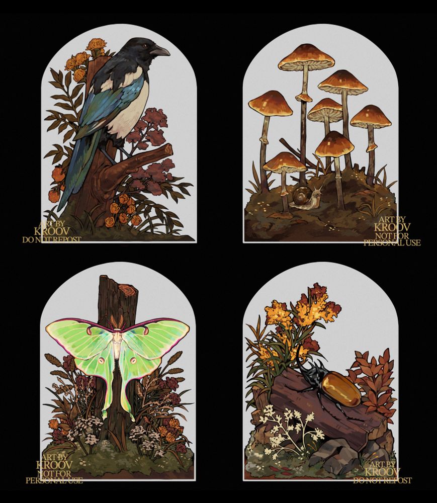 4 illustrations of animals,bugs and flowers in a cloche shape. The first one is a magpie sitting on a piece of wood, the second a bunch of mushrooms with a snail wondering between them. 3rd a lunar moth also on a log and the 4th a 5horned beetle also on a log but the log is more horizontal. The pieces are inspired by taxidermy bugs and animals in cloches.