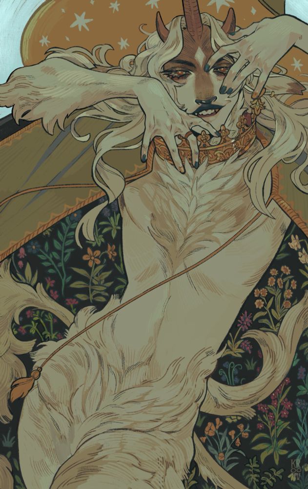 A unicorn character with a crown around his neck, he has white fur with slight brown on his face. He has a large clock on thats inside is embroidered with flowers. Hes standing with his hands up as his face covering it slightly.