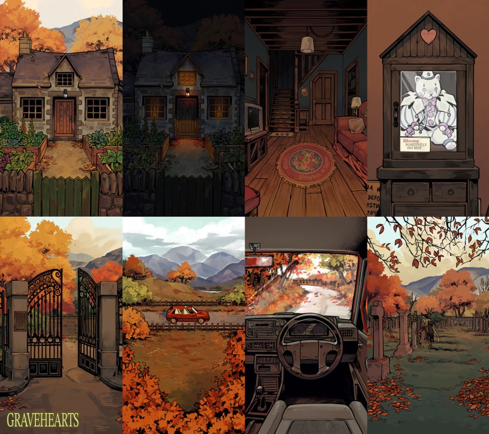 Various backgrounds with an autumnal vibe. The first two are of a cottage with a garden full of veggies in front of it. They show the house in the day and night. The second one is the inside of the house with warm wooden floors, green walls and sort of furniture you’d find in your grandparents house. The next is a cat doll in a little house shaped case. The bottom row has an ornate gate, a car driving, the inside of the car and then a graveyard with a man with long green hair kicking one of the graves.
