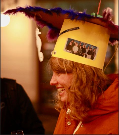 Dr. Ann-Kristin Meyer, celebrating the defense of her thesis. Wearing the traditional German doctor hat crafted by her peers.