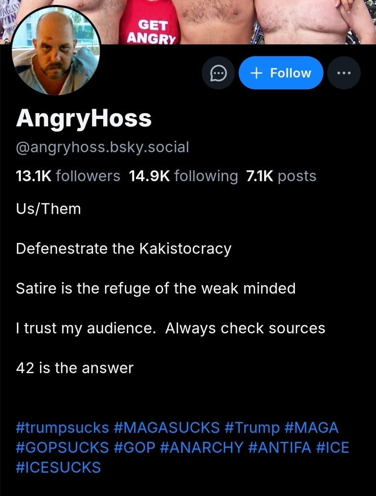 An account called ANGRYHOSS with 13.1k followers and 14.9k following and a ton of generic hash tag resist language