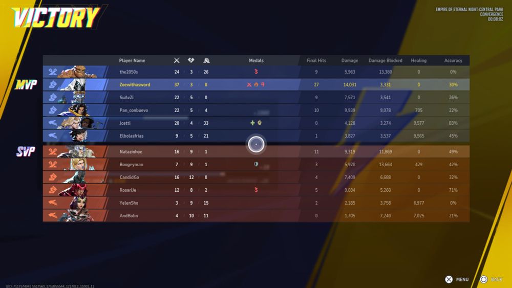 A Marvel Rivals scoreboard showing I got MVP as Moon Knight doing very well