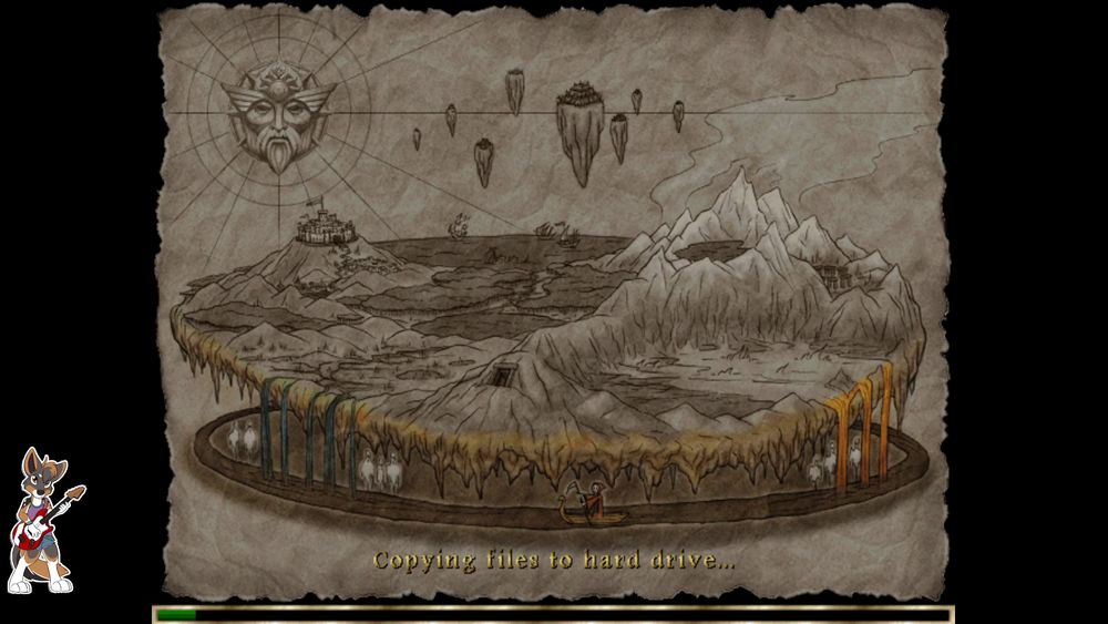 A screenshot of the world map for King's Quest 8. The bottom area, representing the underworld is colored in. A caption reads "Copying files to hard drive..."