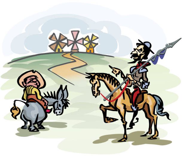 Sancho and Don Quixote tilting at windmills stock art