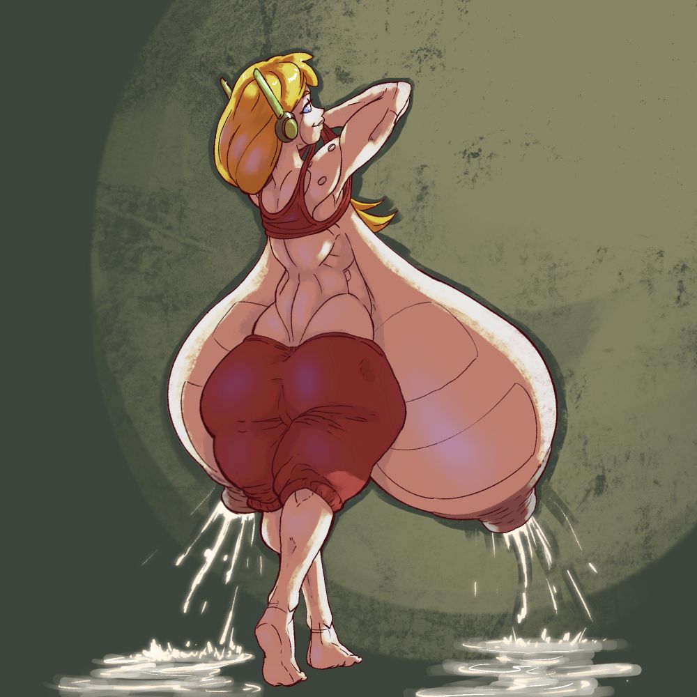 Curly looks over her shoulder at the viewer while lifting her top up, letting her enormous milky breasts swing free.