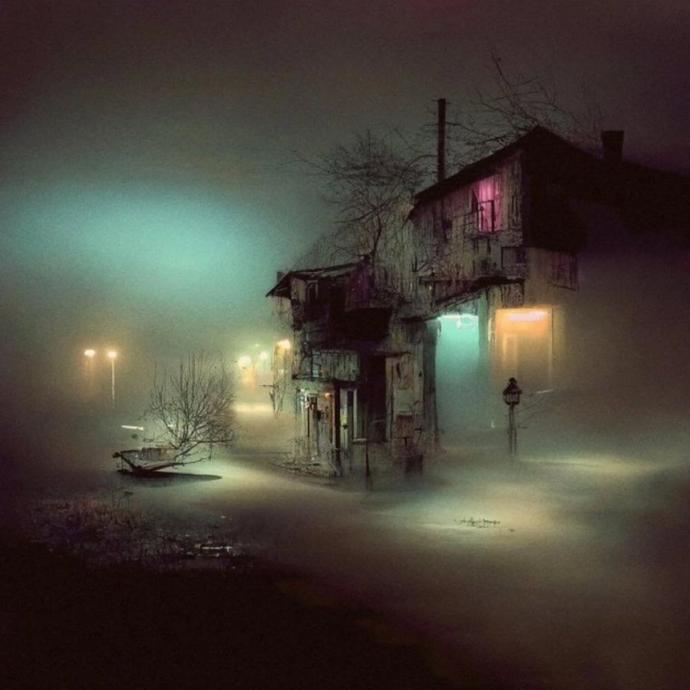 Une illustration montrant une maison avec des éclairages au couleurs pastel dans la nuit. 