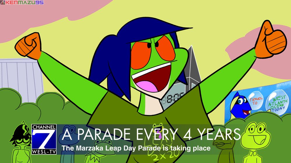 Leap day comes as a tradition for every frog in Marzaka and across the world. Lily is more than happy to be a part of it, and she took a day off for it to the point of getting herself on TV.     Also cameos include:  -Mildew (OneGrumpyLumpy)  -Froget (BracketNeutron)  -Kermit (Muppets)  -Pepe the Frog  -Anny (legendaryfroggy)