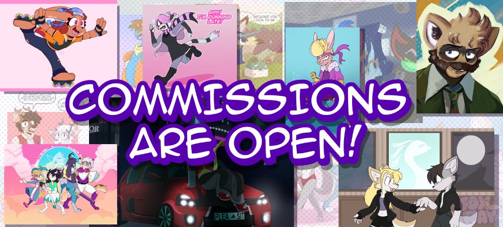 a collage style banner featuring multiple pieces of art by mysself! Bold text overlays and says "Commissions are open!" 
