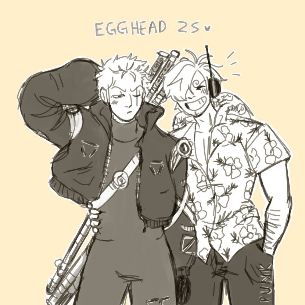 Digital drawing of Zoro and Sanji from One Piece in their new outfits in the egghead arc. 
On the left, Zoro is wearing a puffy, slightly cropped jacked on top of a skin-tight body suit. All three of his swords are strapped to his back. His right hand is behind his head and he's looking down at his new outfit.
On the right, Sanji is wearing a floral print button-down with a hoodie on it and shorts. He's standing slightly behind Zoro with a wide smile on his face. One hand is around Zoro's waist and the other is in his pocket.