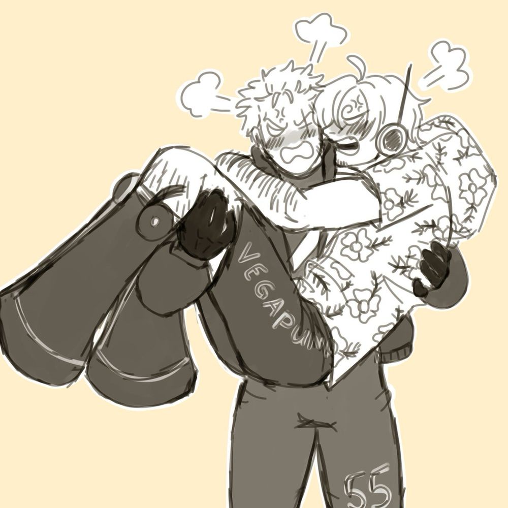 Digital drawing of Zoro and Sanji in their egghead arc outfits.
Zoro is carrying Sanji bridal style and both of them seem very flustered about this. Their faces are very close and they're both yelling at each other but Zoro isn't putting Sanji down and Sanji is still holding onto him.