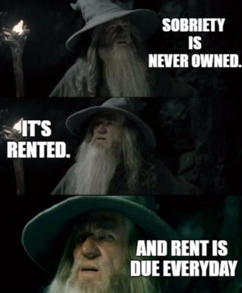 The image is of confused Gandalf in three panels. Top panel says sobriety is never owned. Middle panel says it is rented. Bottom panel says and rent is due every day