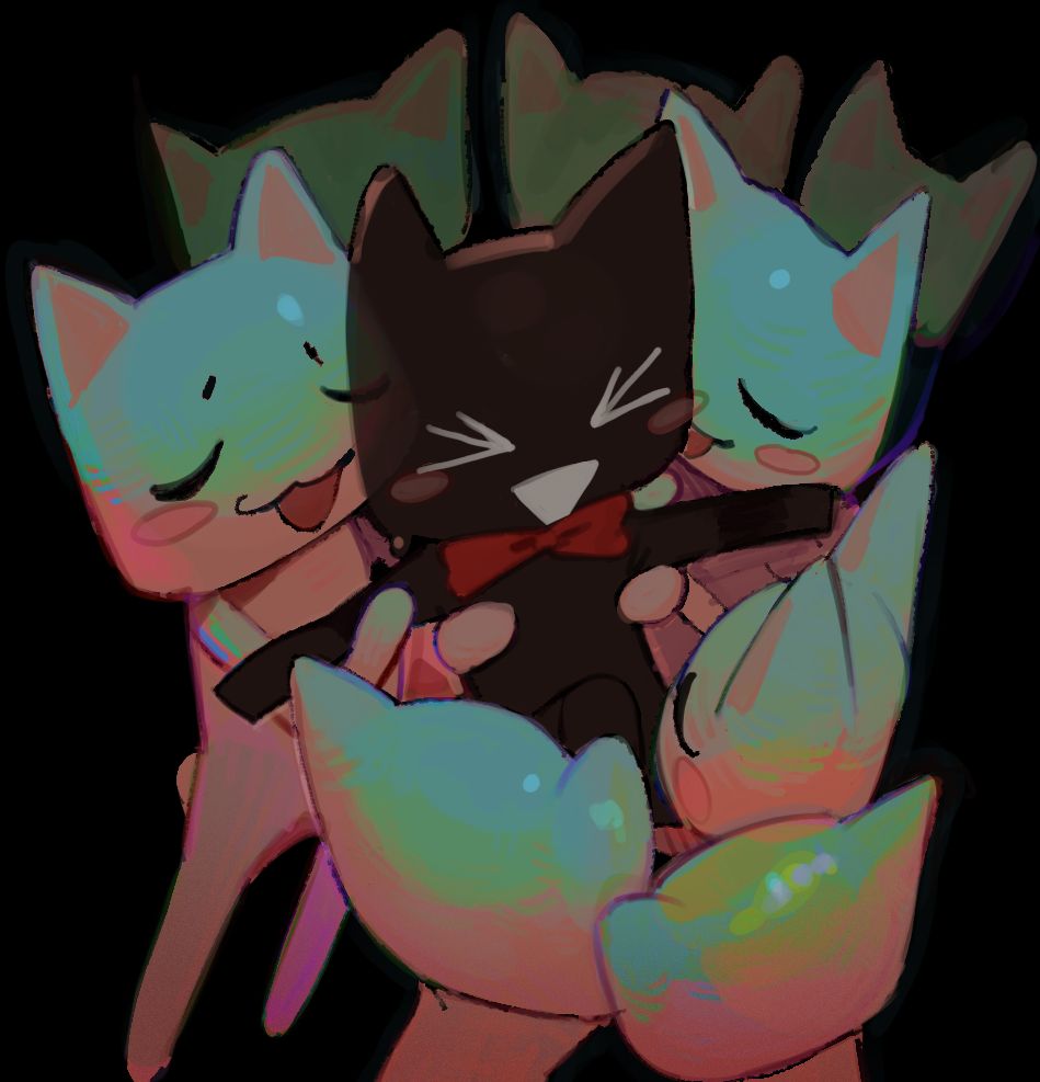 Fanart of the Doko Demo Issyo characters Toro and Kuro where Kuro is surrounded by several Toros