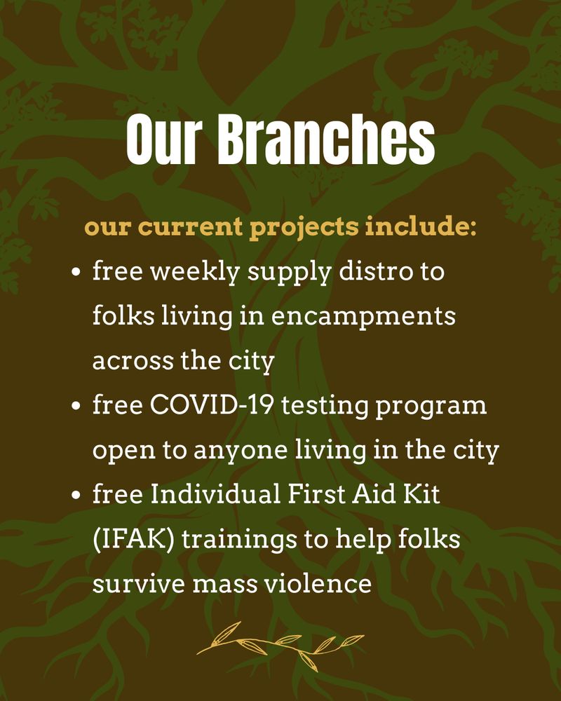 Graphic has a brown background with a green tree trunk in the middle. White and gold text reads: "Our Branches. Our current projects include: free weekly supply distro to folks living in encampments across the city; free COVID-19 testing program open to anyone living in the city; free Individual First Aid Kit (IFAK) trainings to help folks survive mass violence."