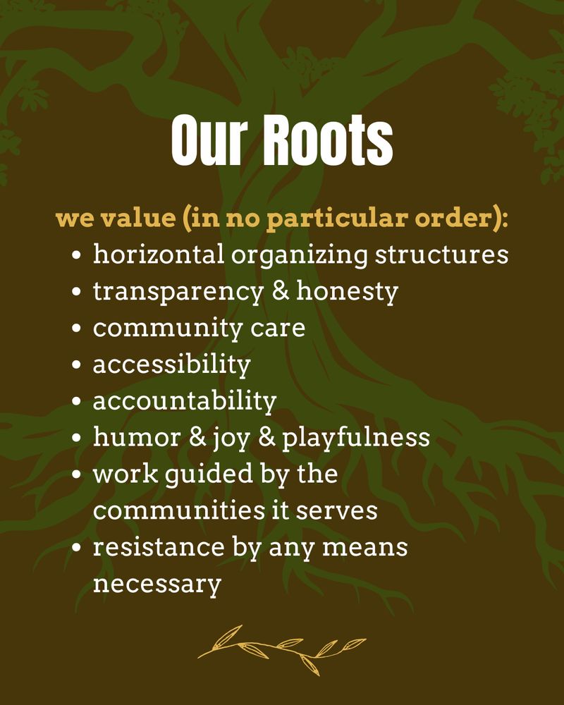 Graphic has a brown background with green tree roots in the middle. White and gold text reads: "Our Roots. We value (in no particular order): horizontal organizing structures; transparency & honesty; community care; accessibility; accountability; humor & joy & playfulness; work guided by the communities it serves; resistance by any means necessary"