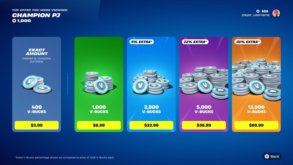 A screenshot from Fortnite showing a panel for buying V-Bucks