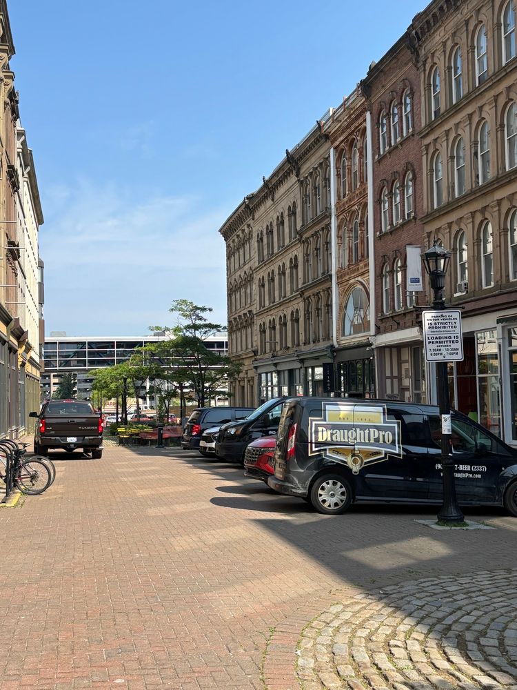 Vehicles parked in a pedestrian mall