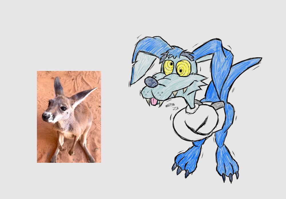 A poorly drawn sketch of Ripper Roo, a kangaroo mutant from the Crash Bandicoot franchise. A picture of a kangaroo was used as reference.