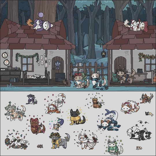 5 cats inside a pair of cottages with red autumn-y roofs, along with an assortment of example not-cats and mercats from the game