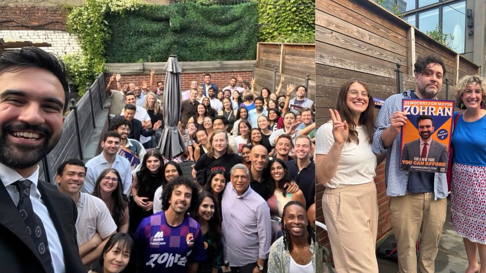 A large group posing on a patio, and three people holding a campaign poster.