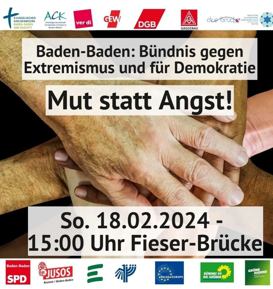 Am Sonntag 15 Uhr Demo gegen Extremismus und für Demokratie in Baden-Baden, Fieser-Brücke. Mut statt Angst!
